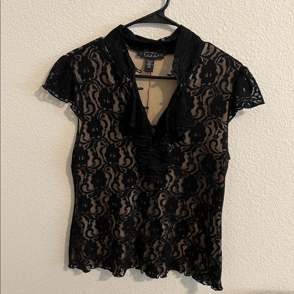 Laundry by Shelli Segal black lace and ruffle blouse. Classy, business or fun.